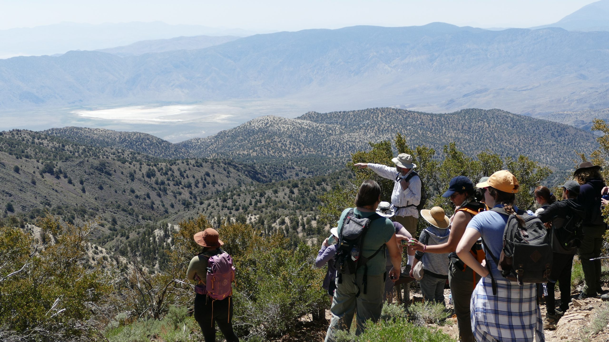 Professor showing students geological features from atop a mountain.